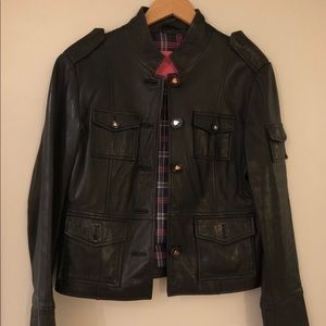 Betsy Johnson Black Leather Jacket Plaid Lining